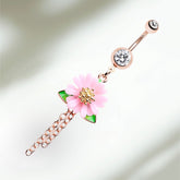 Rose Gold Pink Flower Dangling Chain Dangling Belly Button Ring